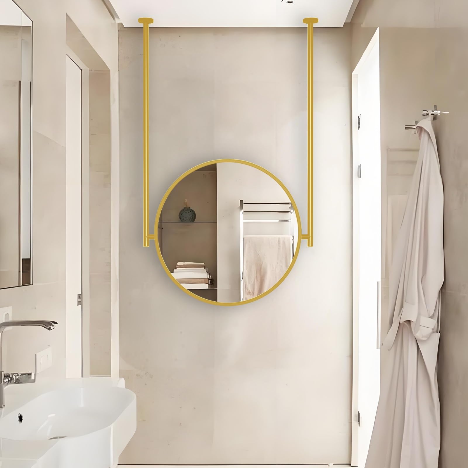 FGXHHS Gold with Ceiling Hanging Customizable Rod, Living Room Vanity Make-up Mirrors, Modern Wall Decor for Entryway Hangs(Diameter-60CM/23.6INCH)