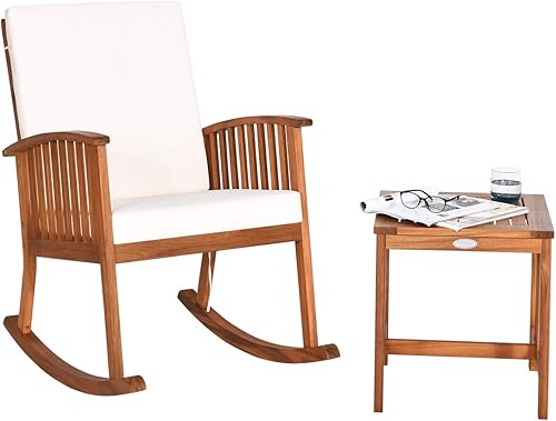 Miniatura 8 de Tangkula Juego de bistró de madera de acacia, mecedora para exteriores con mesa, balancín de porche con cojín grueso de funda desmontable, juego de