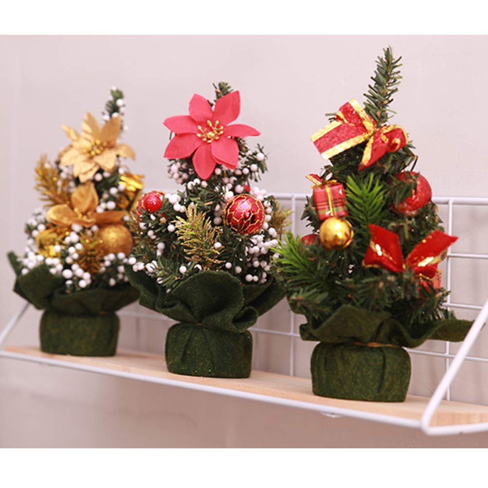 BESTOYARD 3pcs Tabletop Mini Christmas Trees with Christmas Ball Christmas Flower Poinsettias Ornaments Decorations (Random)