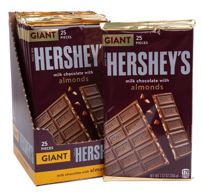 HERSHEY'S Milk Chocolate with Almonds Giant, Bulk - Pack of 12 Individually Wrapped Candy Bars, Gluten-Free, Giant Size Bars, 7.37 Ounce Each (12 Count, 25 Pieces),88.44 Ounce,7.37 ounces