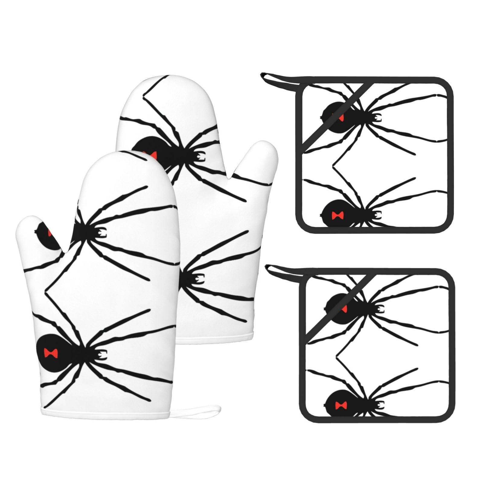 Eeprty Black Spider Printed Kitchen Oven Gloves And Potholder 4 Pcs, Non-Slip Heat Resistant Mitts For Baking Chef