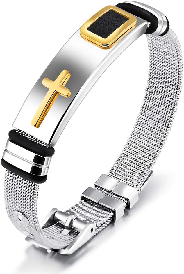 THINTOM Stainless Steel Mesh Belt Buckle Bracelets,Cross Bracelet for Men,Dad Bracelets for Him