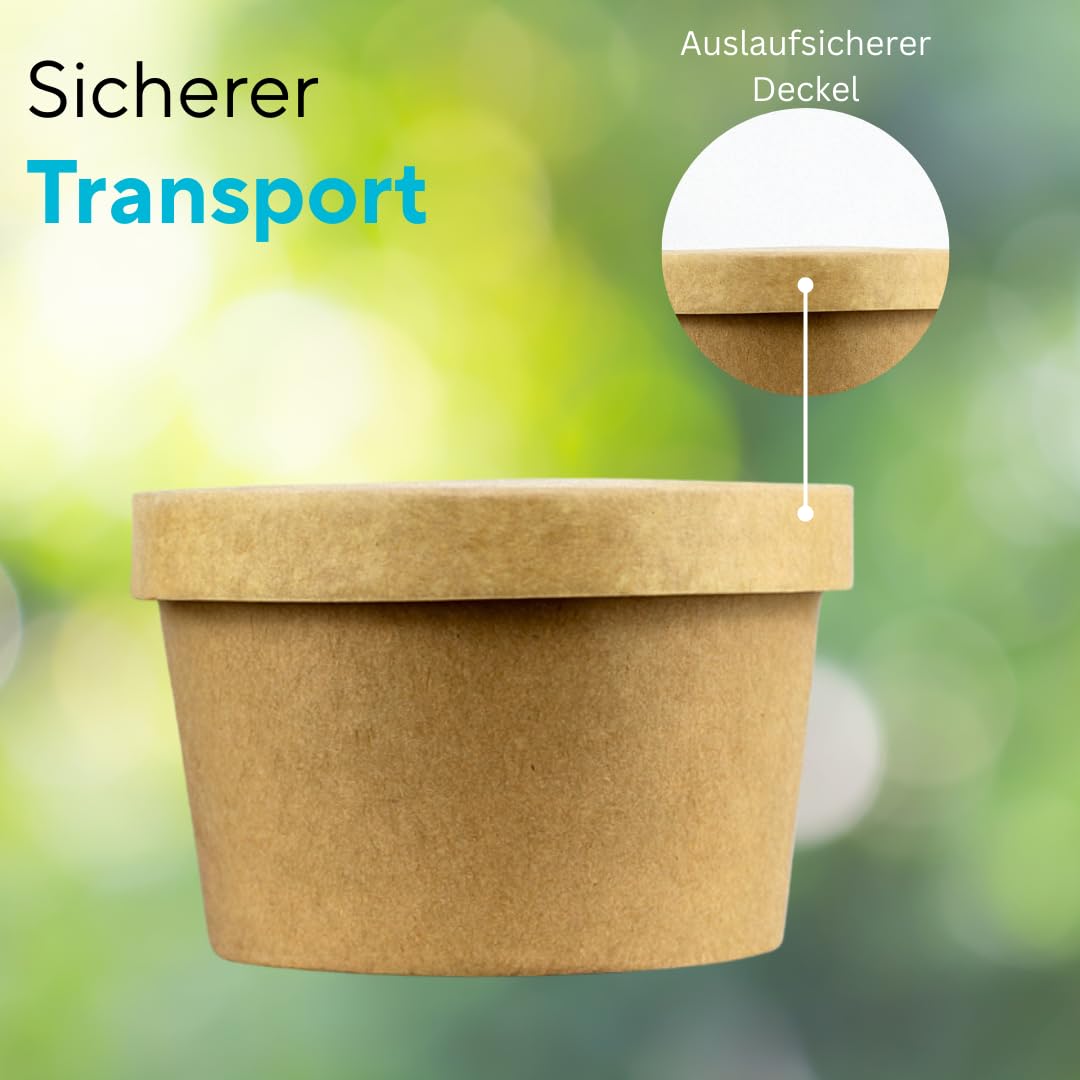 Enpack Suppenbecher Braun 12oz/350ml - Auslaufsichere Schüssel mit Deckel für den Gastronomie & Privat Bereich, Einweg Suppenschalen aus Kraftpapier, Formaler Stil, Nachhaltige Pappschale (300)