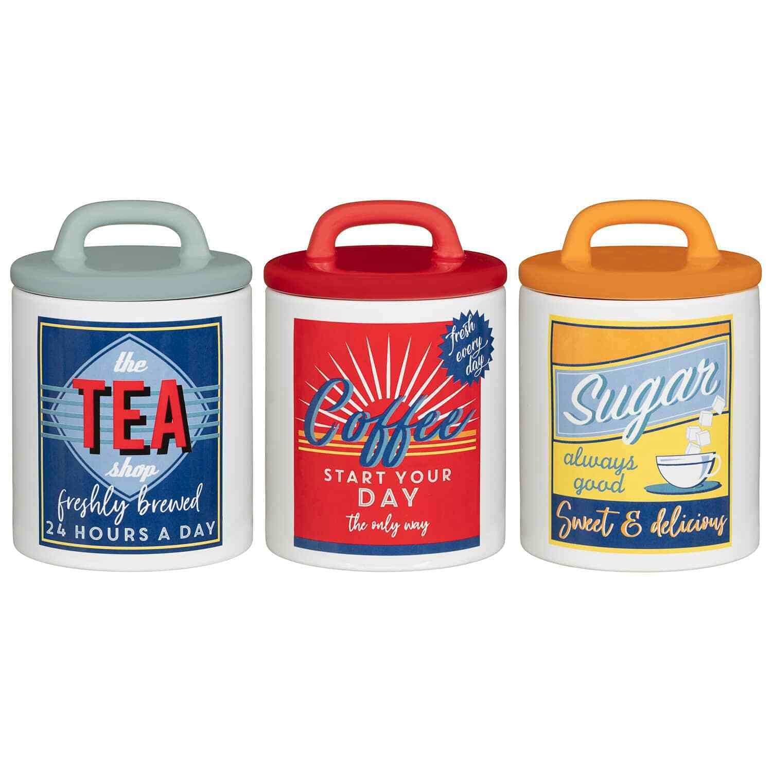 Aj Set 0F 3 Retro Classic 50'S/60'S Style Tea, Coffee & Sugar Canisters Storage Jars Ceramic