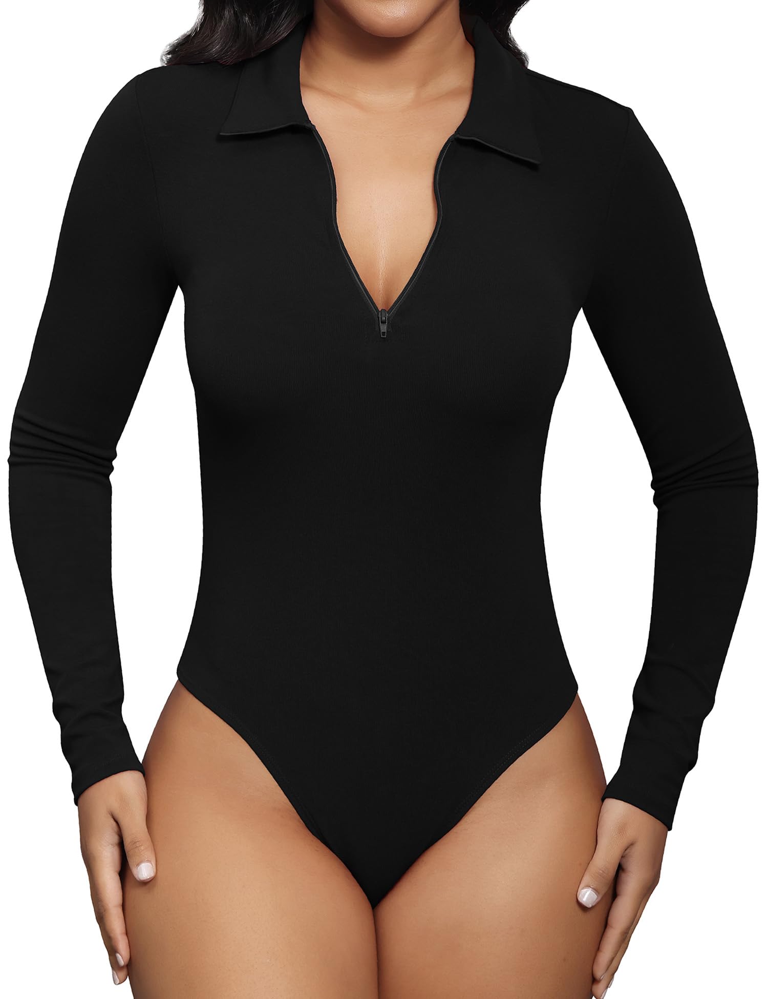 TQD Women's Deep V Neck Long Sleeve Tops Bodysuit with Half Zip Up, Sexy Thong Body Suits, Casual Collared Polo Bodysuits