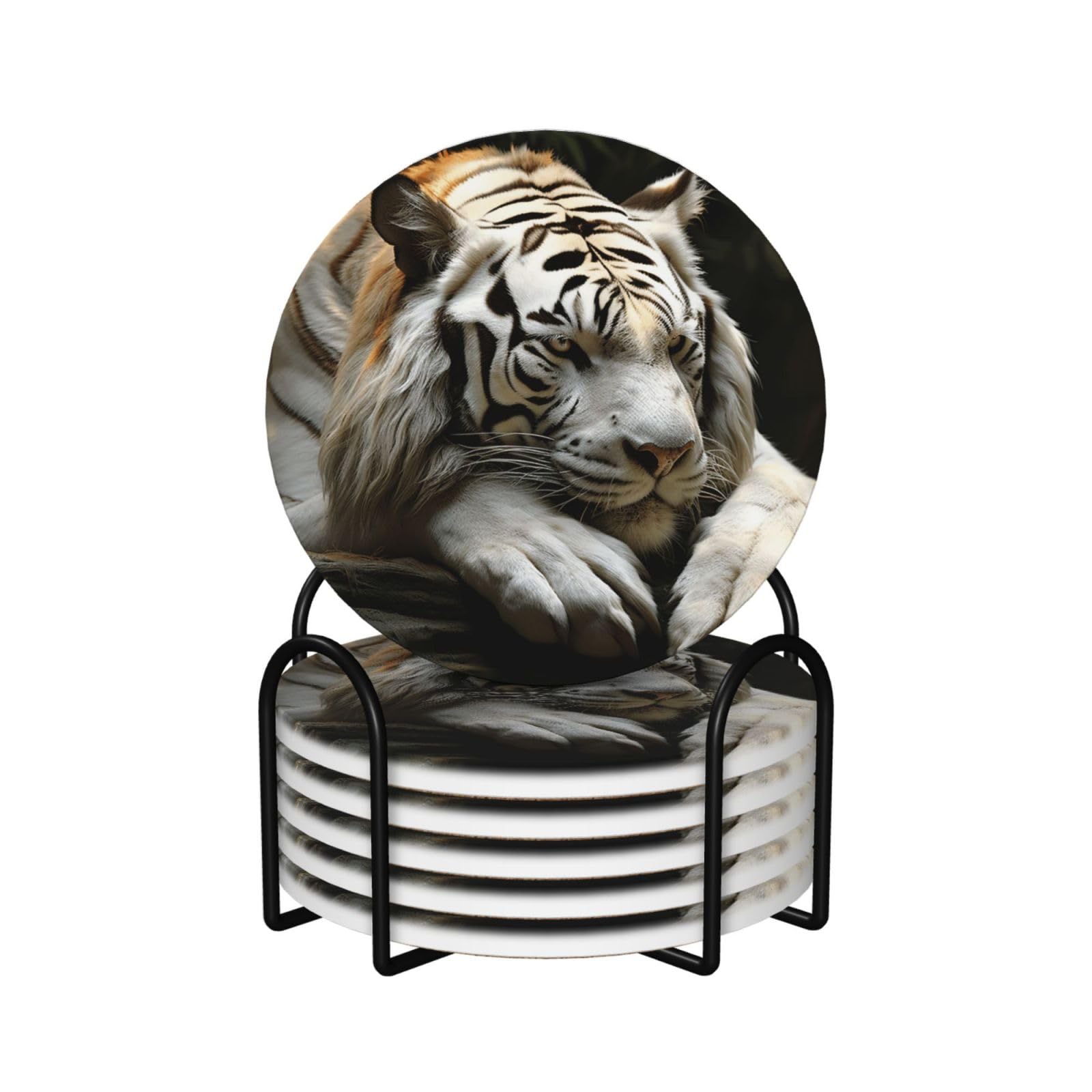 6Pcs Ceramics Coaster for Drinks, Lying Tiger Cup Coasters with Holder, Aesthetic Drink Coasters for Coffee Table, Absorbent Round Coaster for Tabletop Protection 4" Cup Mat Pad
