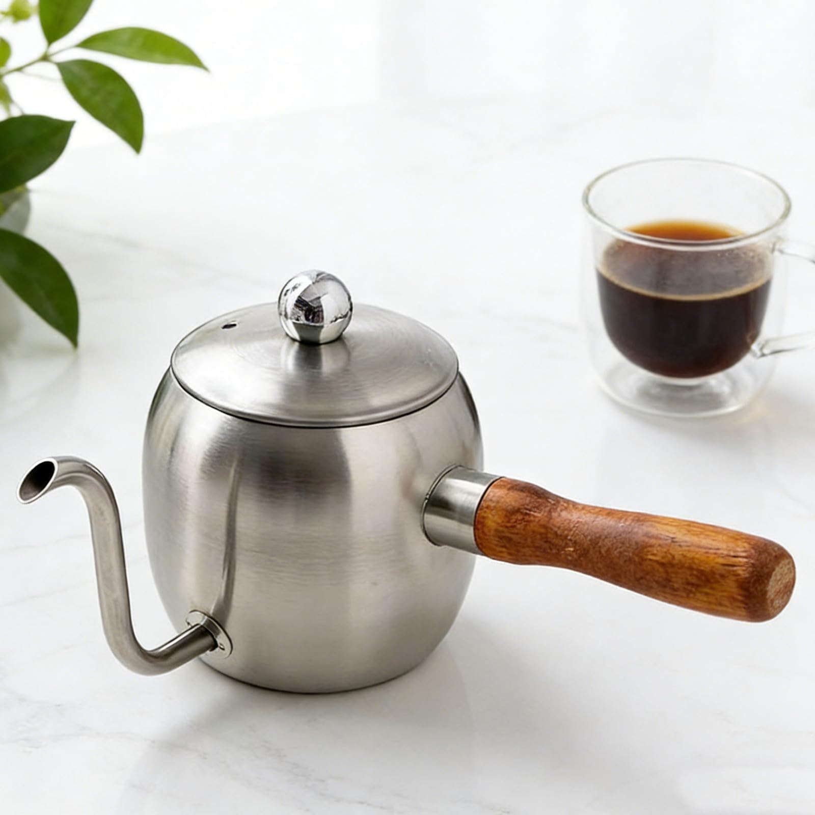 Tetera Pequeña de Café 500 Ml Acero Inoxidable Cuello de Cisne Mango de Madera Resistente para Oficina y Camping Juego Funcional