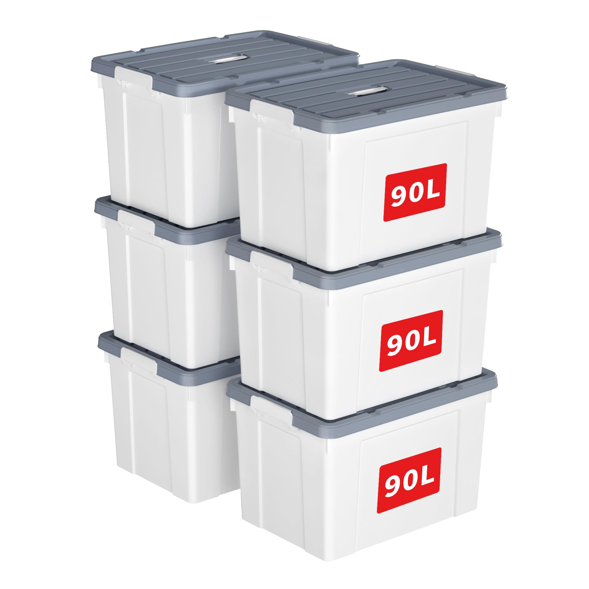 Cetomo 90L*6 Storage Boxes, Carry Plastic Storage Box with Lids, Organizing Container with Handle and Secure Latches, Nestable & Stackable Tote Box for Home Office, 90L-6 Pack, White
