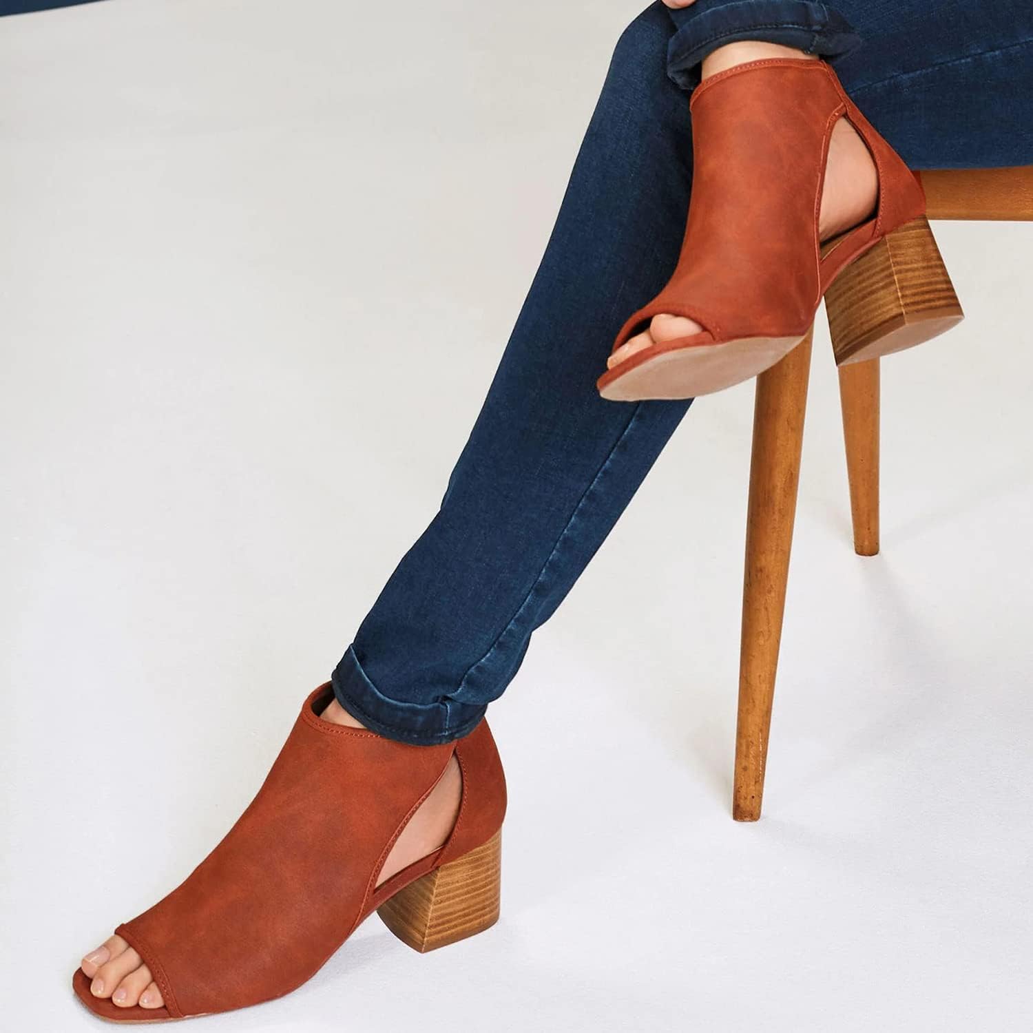 LEHOOR Women's Chunky High Heel Booties Suede Open Toe Side Cut-Out Ankle Boots Back Zipper 2' Block Stacked Heel Summer Casual Dress Heeled Ankle Sandal Booties Comfy Suede Brown Size 8 - Image 2