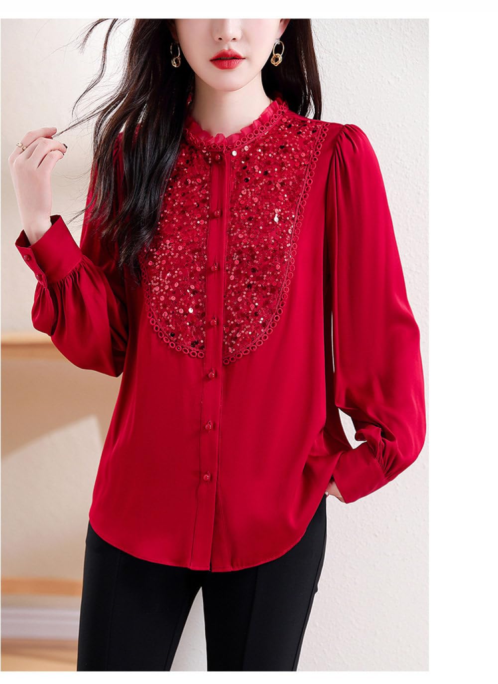 Chemises De Soirée À Manches Longues Et Paillettes Brillantes pour Femmes,Col Montant Rouge,Volants,Chemisier Boutonné,Mode Élégante,Pull Décontracté,Chemises De Travail