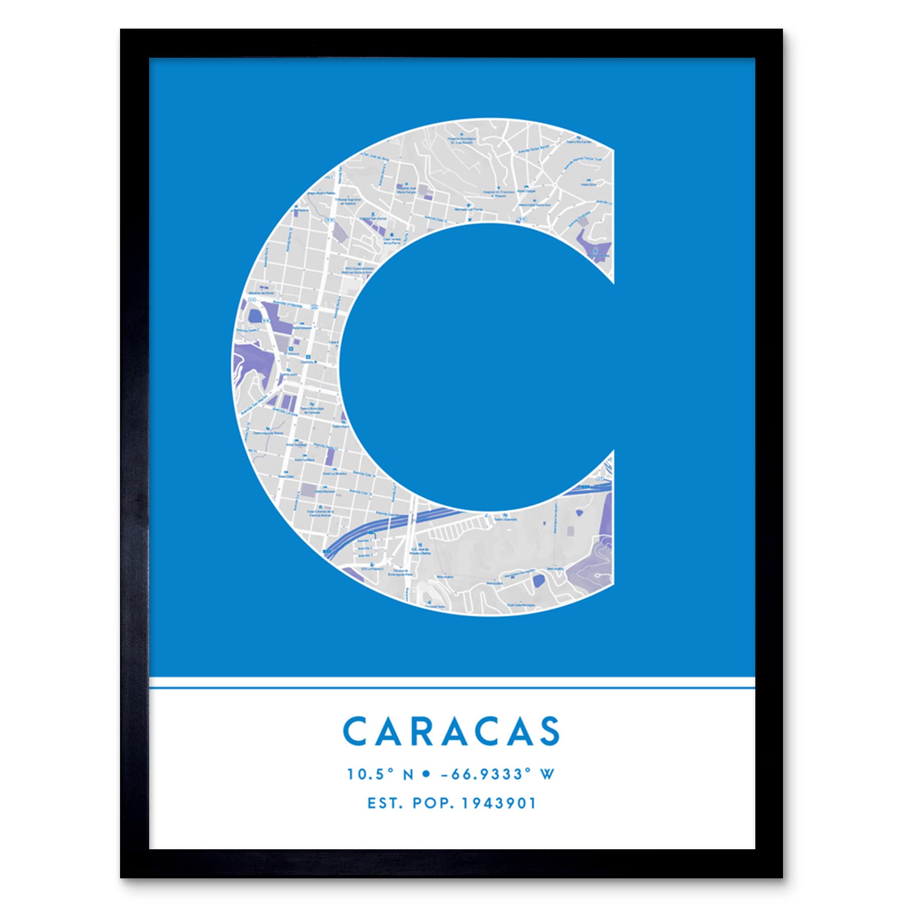 Wee Blue Coo Caracas Venezuela City Map Blue Colour Block Modern Typography Stylish Letter Framed Word Wall Art Print Poster for Home Décor CITYMAP1