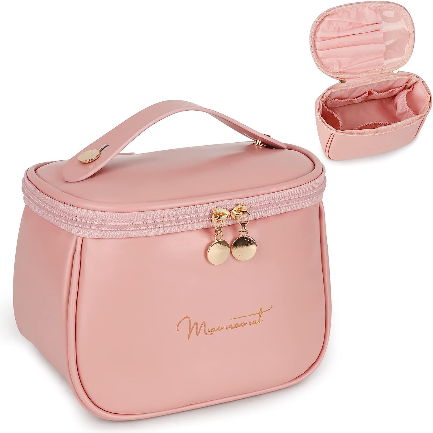 Meneflix Women's PU Leather Toiletry Bag, Cosmetic Tote, Large Capacity with Brush Case, Dividers, Waterproof Portable Makeup Box, Travel Appraisal Storage Bags, Pink