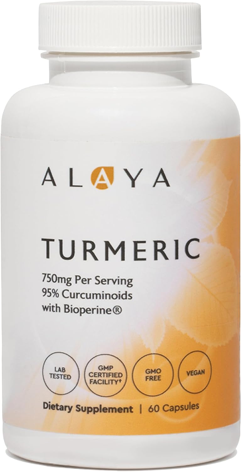 Alaya Naturals Turmeric Curcumin Supplement with BioPerine – 750mg Per Serving, 95% Curcumin Extract Turmeric Capsules for Joint Comfort, Mobility & Absorption – Non-GMO, Vegan, Lab Tested