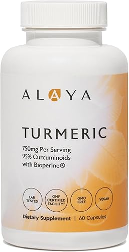 Alaya Naturals - Curcumina de cúrcuma premium con bioperina - 750 mg con 95% de curcuminoides estandarizados por cápsula - Alta potencia, absorción