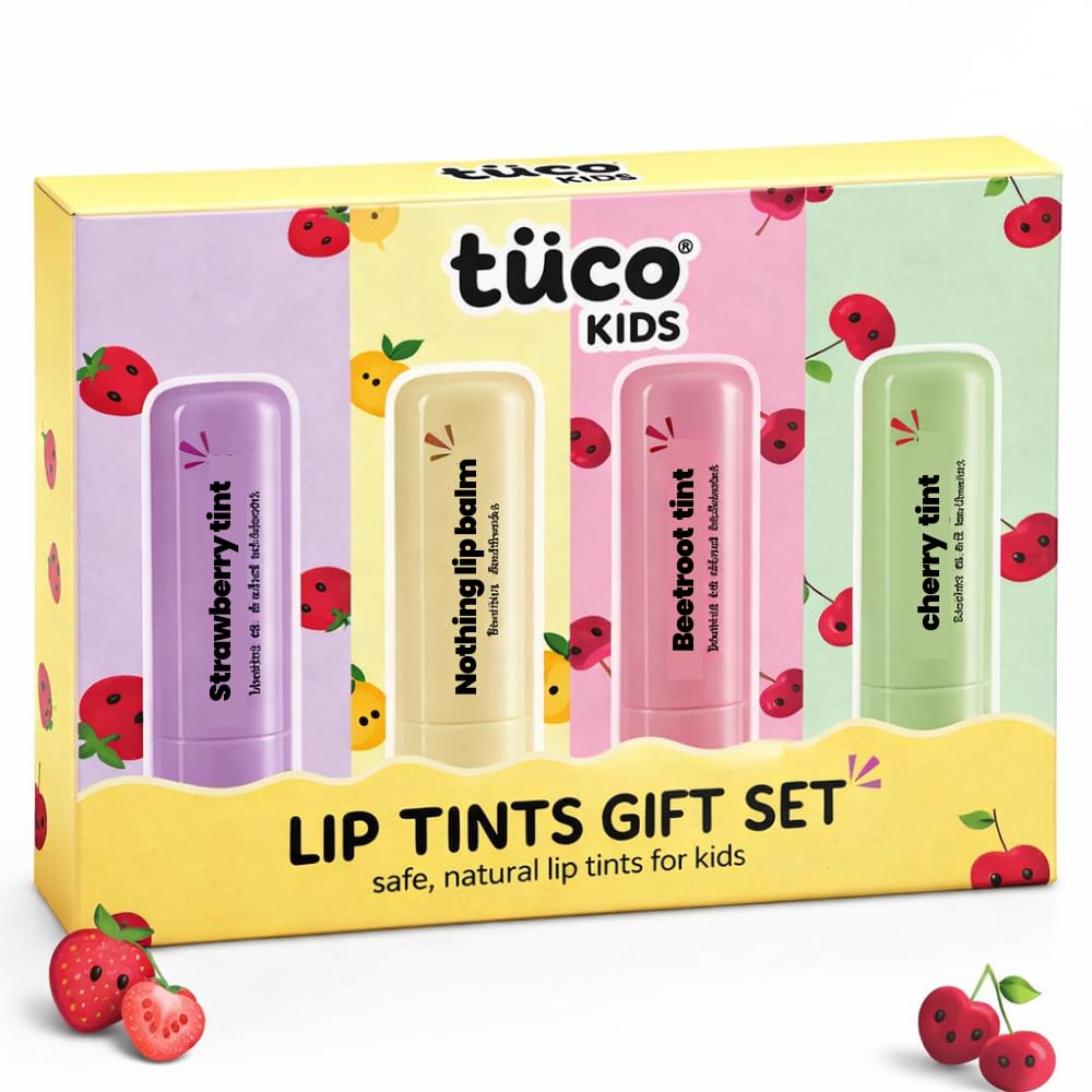 Tuco® Kids Lip Tint Gift Set for Girls | 3 Lip Tint & 1 Lip Balm | Made with 100% Natural Oils & Waxes | Free from Mineral Oils, Synthetic Fragrance and Parabens | Return Birthday Gift for 4-15 Yrs | Travel Friendly & Cruelty-Free