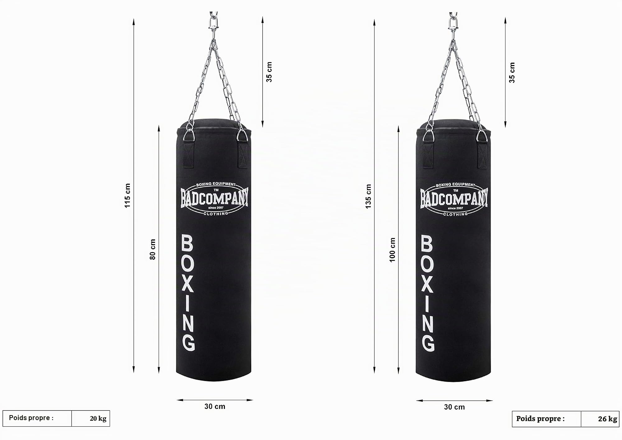 Bad Company Sac de Boxe avec chaîne en Acier Heavy Duty I Canvas Punching Bag, rempli/Non rempli I 80 x 30 cm I 100 x 30 cm
