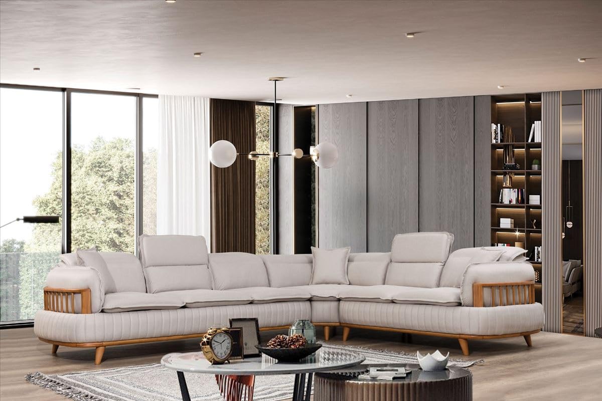 FUNTERIOR Cozy Lshape Corner Headrest 7 Seater Soft Touch Fabric White Sofa Set for Living Room (LHS).-image-17
