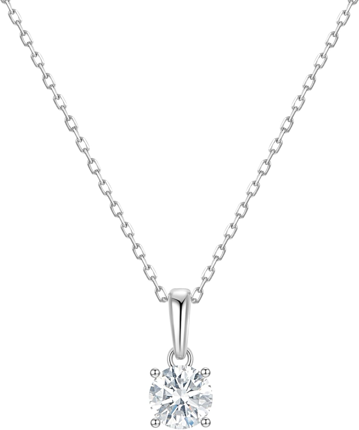 0.5-2 Carat Lab Grown Diamond Necklace for Women,14K White Gold Chain, Classic Four Prong Round Cut Pendant with IGI Certificate,D-E Color VS1-VS2 Clarity