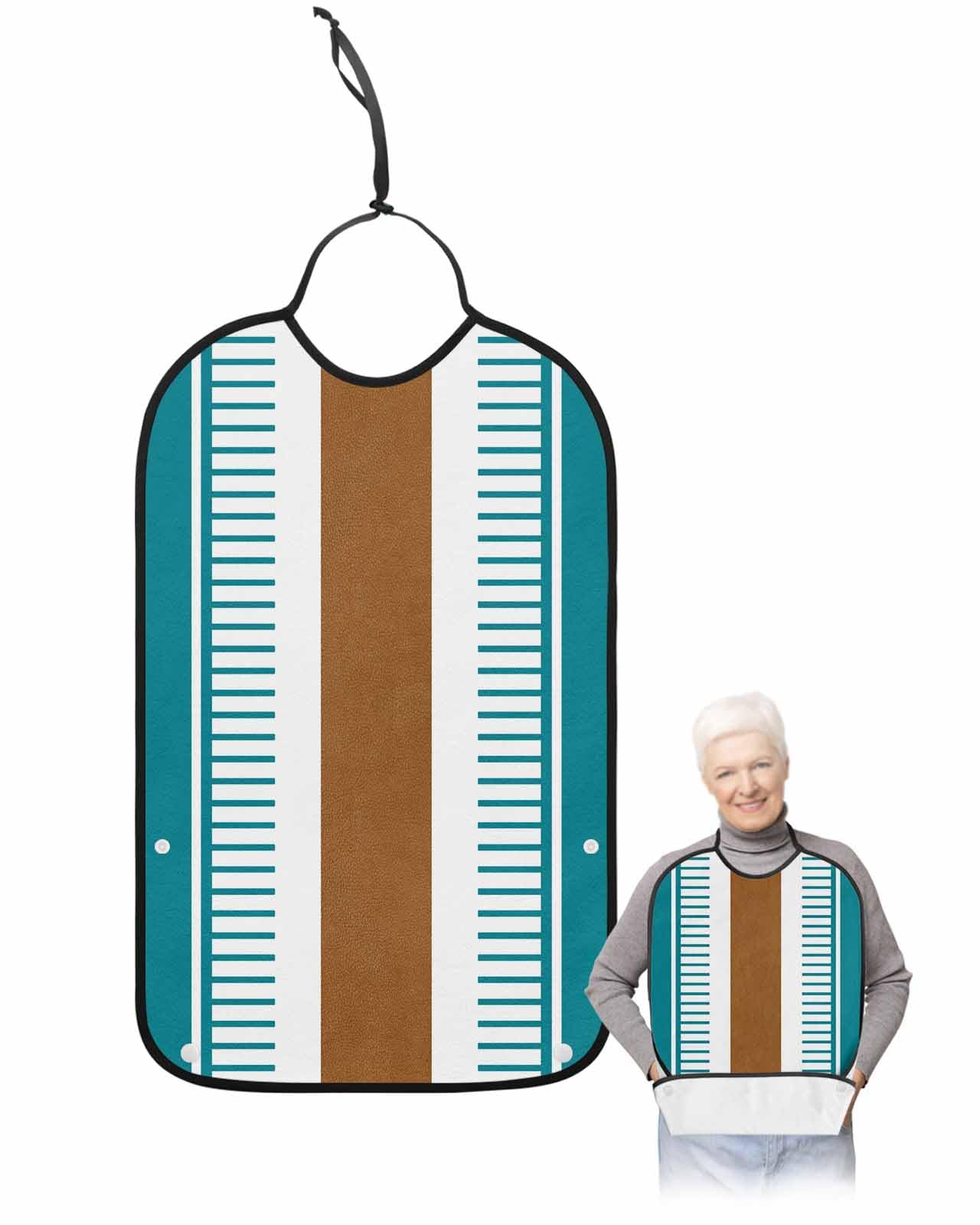 Adult Bibs for Eating, Vintage Teal Striped Brown Modern Boho Washable Elderly Adult Bibs for Men Women Large Reusable Adjustable Clothing Protector with Optional Crumb Catcher