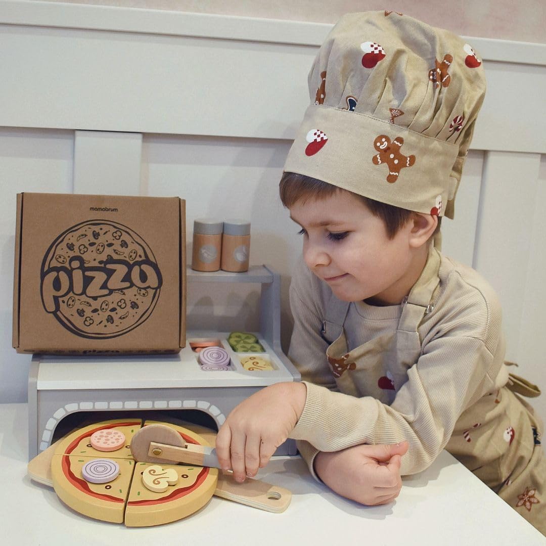 Mamabrum Set de Cuisson Pizza en Bois - Four, Morceaux de avec Velcro, Spatule, Coupe-Pizza - Jeu de Rôle Cuisine Italien 28,5 cm - Jouet Éducatif 3+ Ans (7 Pièces)