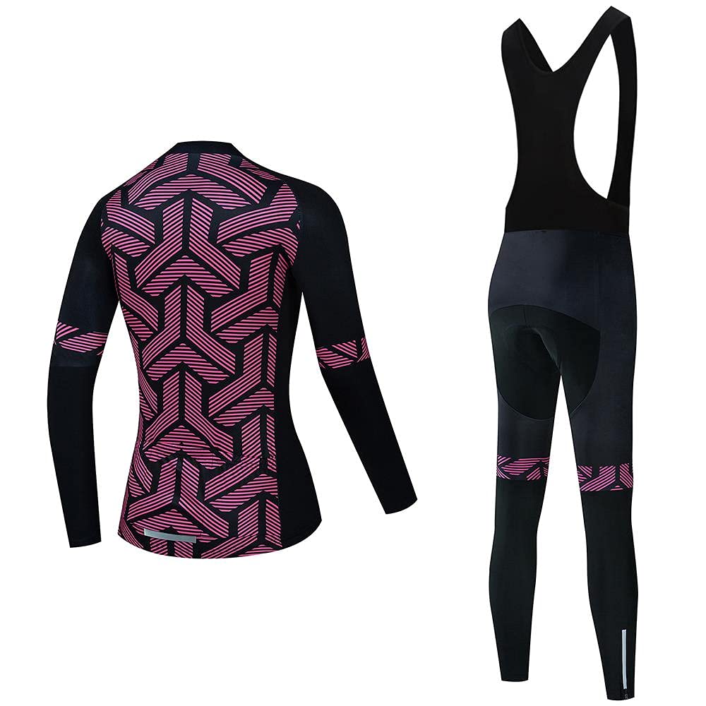Women's Cycling Jersey Set Bike Shirt Long Sleeve Cycling Clothing Bicycle Bib Pants with 20D Gel Padded