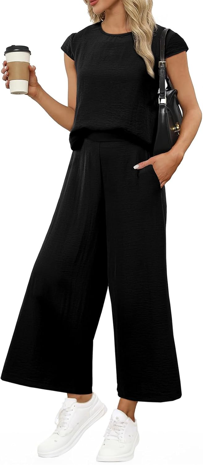 EVALESS Women's Summer 2 Piece Outfits Fashion 2025 Cap Sleeve Top and Wide Leg Pants Matching Set Vacation Outfits