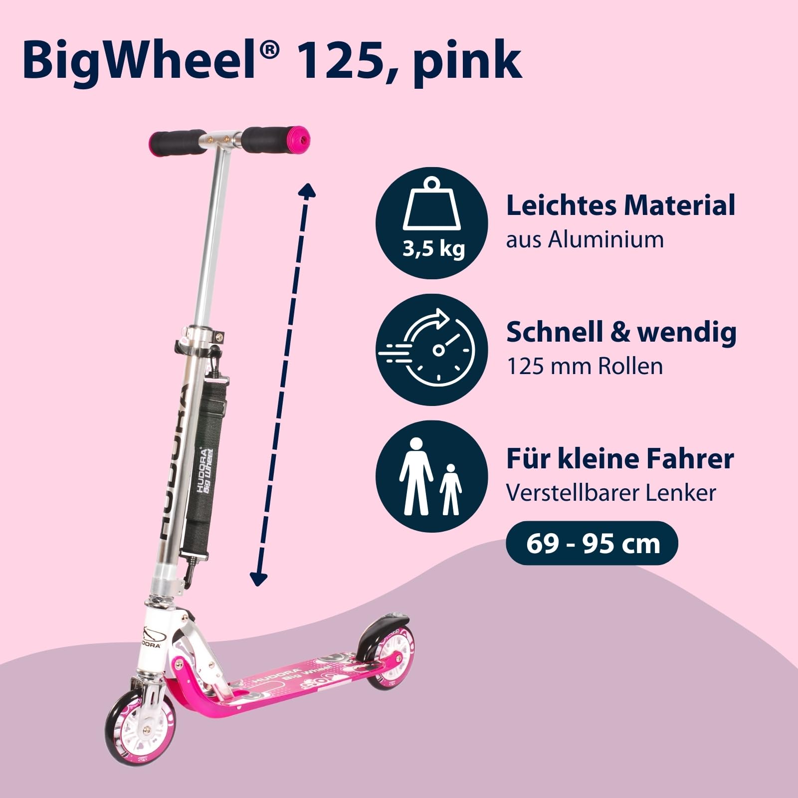 HUDORA BigWheel 125 Scooter - Sicherer & hochwertiger Aluminium-Roller für Kinder - Höhenverstellbarer & zusammenklappbarer Cityroller für bis zu 100kg - Stabiler Tretroller mit Tragegurt