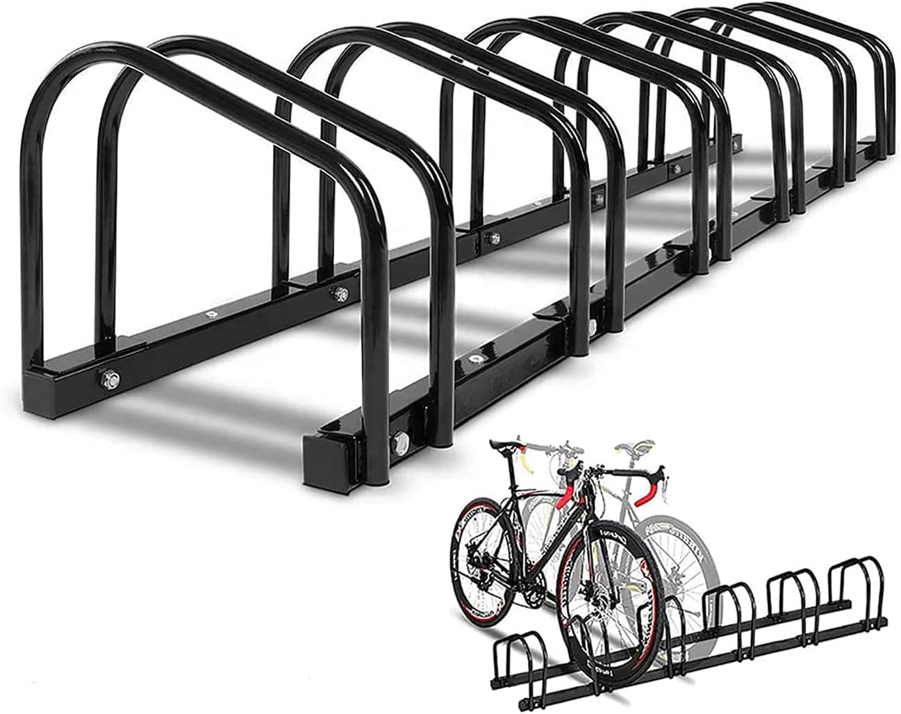 Bike Floor Parking Rack Stand for 4&6 Bikes, Parking Holder for Garage and Home, Adjustable Steel Bicycle Storage Organizer Stand for Indoor and Outdoor (Black, 6 parking spaces)