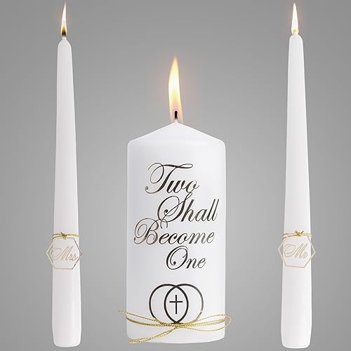 Juego de velas de unidad de boda para ceremonias Unity - Juego de velas decorativas de boda de color blanco católico con decoraciones doradas,