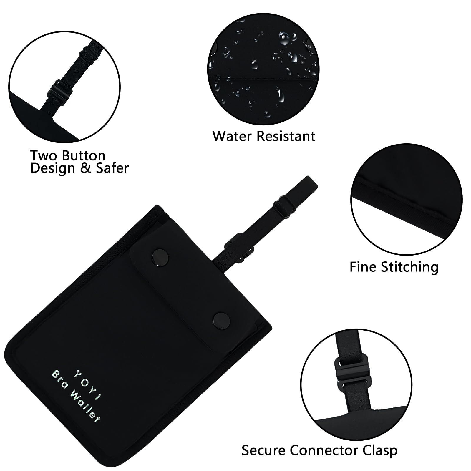 YOYI YOYI RFID Undercover BH-Geldbörse, Reisetasche, Geheimtasche – Kreditkarten & Geld & Wertsachen mit verstellbarem, elastischem Band, geeignet für alle BH-Größen, Schwarz, L-5.5'' x 4'',