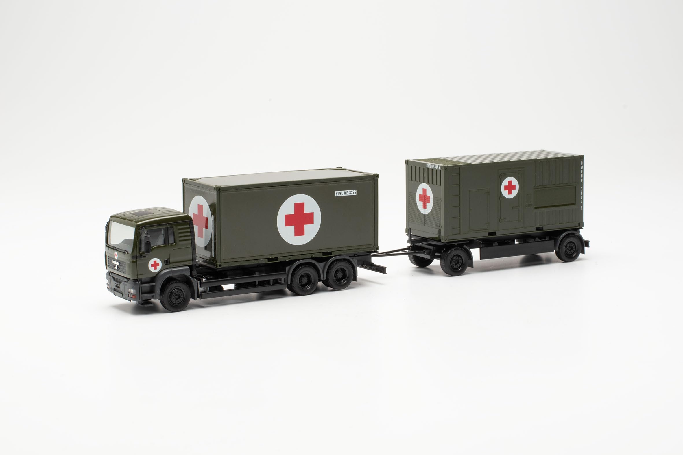 Herpa modello di camion MAN TGA L Container-Hängerzug "Bundeswehr/SAN", in scala 1:87, pezzo da collezione, modello tedesco, statuetta plastica