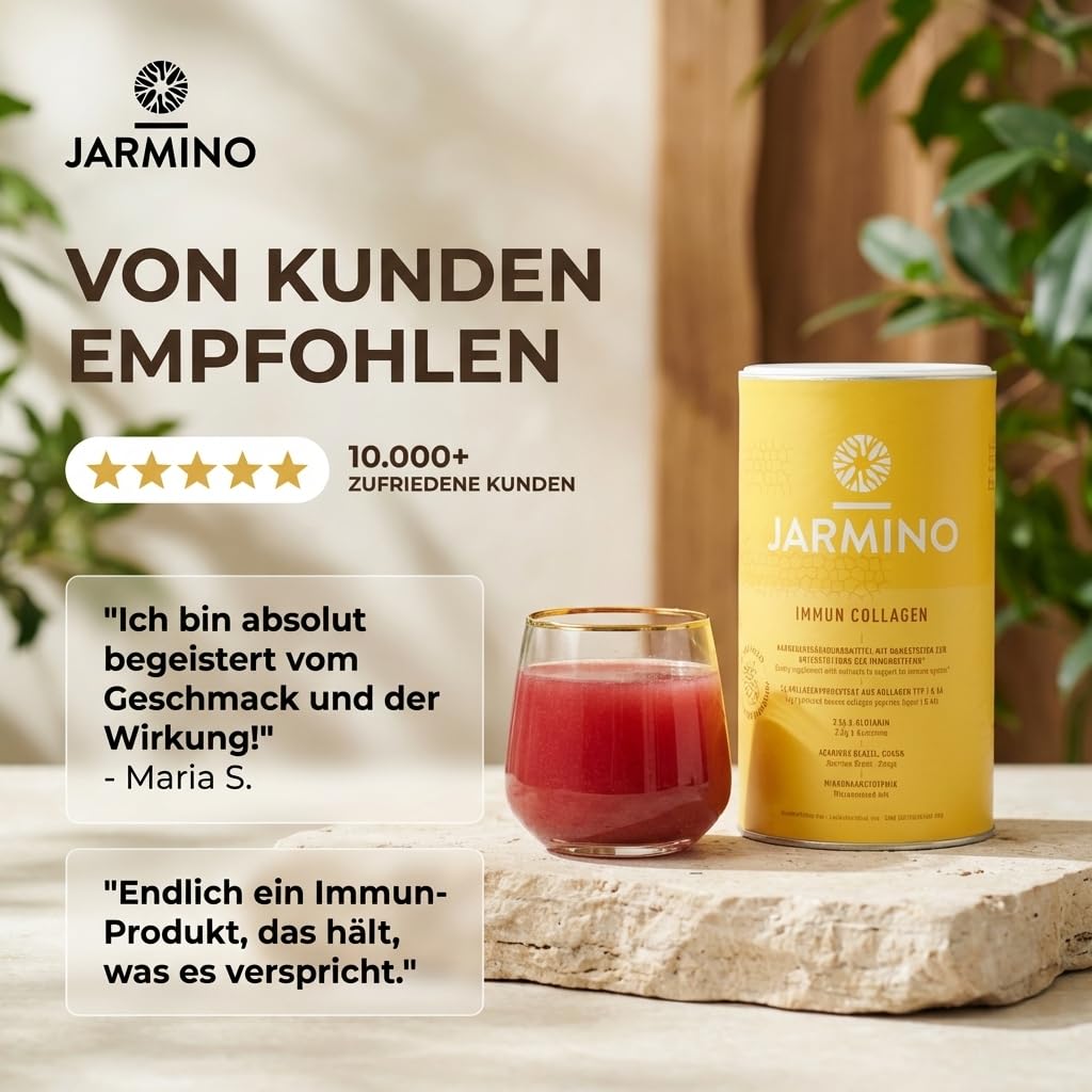 JARMINO Immun Collagen | Kollagen Hydrolysat mit L-Glutamin - Immunsystem stärken | Vitamin C, D, Selen, Zink, Ingwer, Holunder, Vitalpilze | 450g Immun Boost Glutamin Pulver