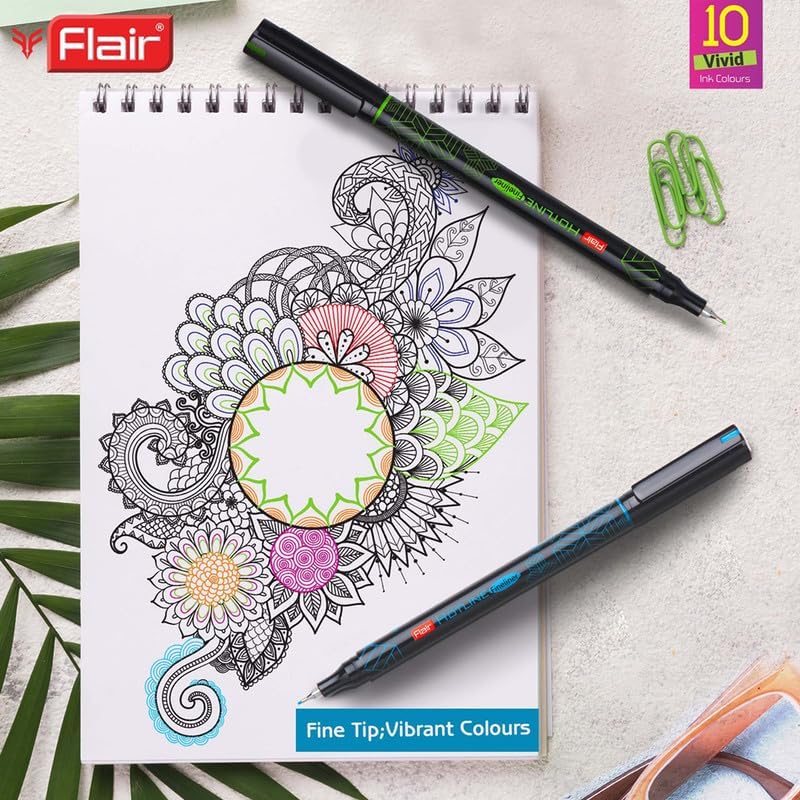 Image of FLAIR Creative Series 10 Vibrant Colourful Shades Hotline Fineliner & 6 Bright Colour Otline Pen Art Combo Pack | Ideal For Mandala, Doodling, Journal, Colouring, Painting, Multicolor