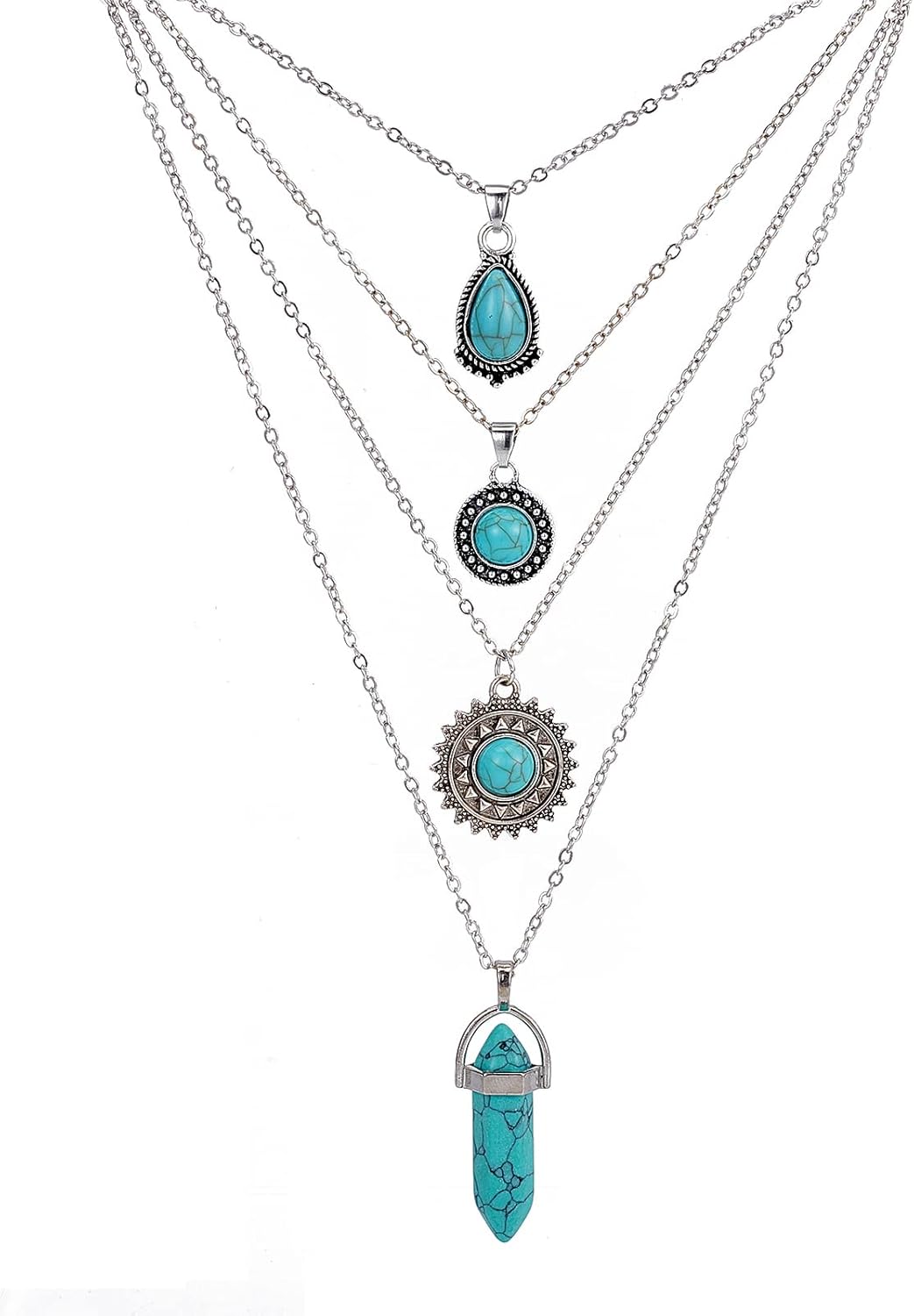 NICENEEDED 4 Pieces Turquoise Collar Long Necklace, Western Silver Cowgirl Jewelry Boho Neck Chain, Pendant Choker Necklaces Hippie Accessories with Buckle for Women as Mothers Day Gifts
