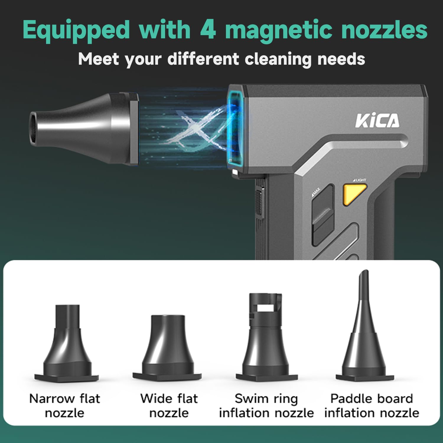 Kica JetFan Ultra Druckluft-Staubwedel, 110.000 U/min, kabellos, 48 m/s Luftstrom, wiederaufladbares Luftgebläse mit Dual-LED-Lichtern, freie Geschwindigkeitseinstellung, 4 Düsen für PC, Autowäsche