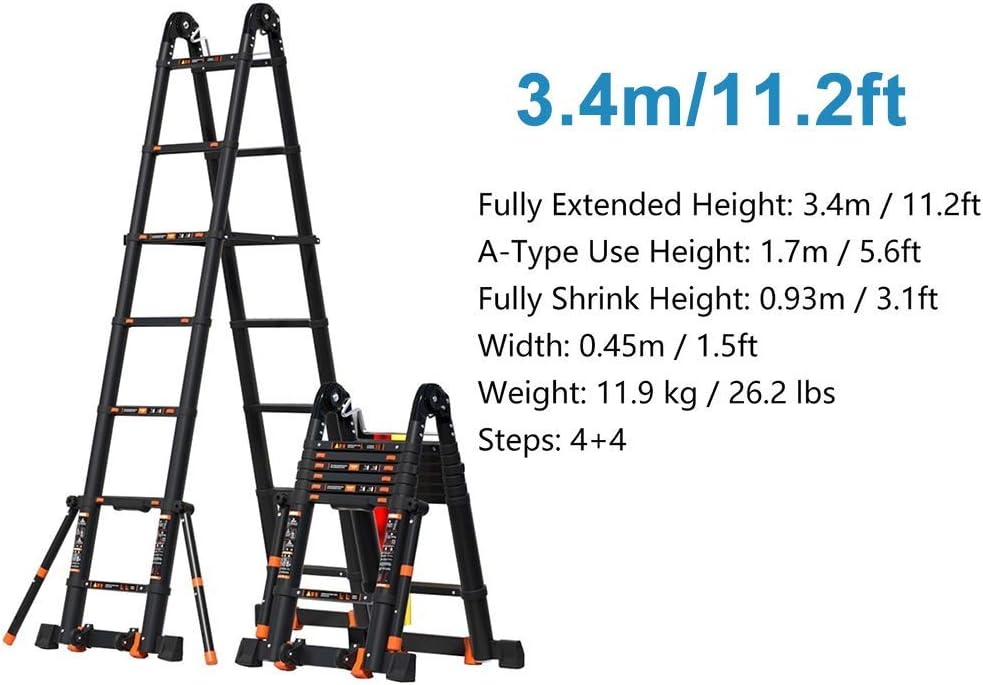 Telesladder 3.4M-7.4M Aluminum Extension Ladder with Stabilizer Bar Heavy-Duty 150kg Capacity Ideal for Roof and Household Use Black Color Durable and Versatile