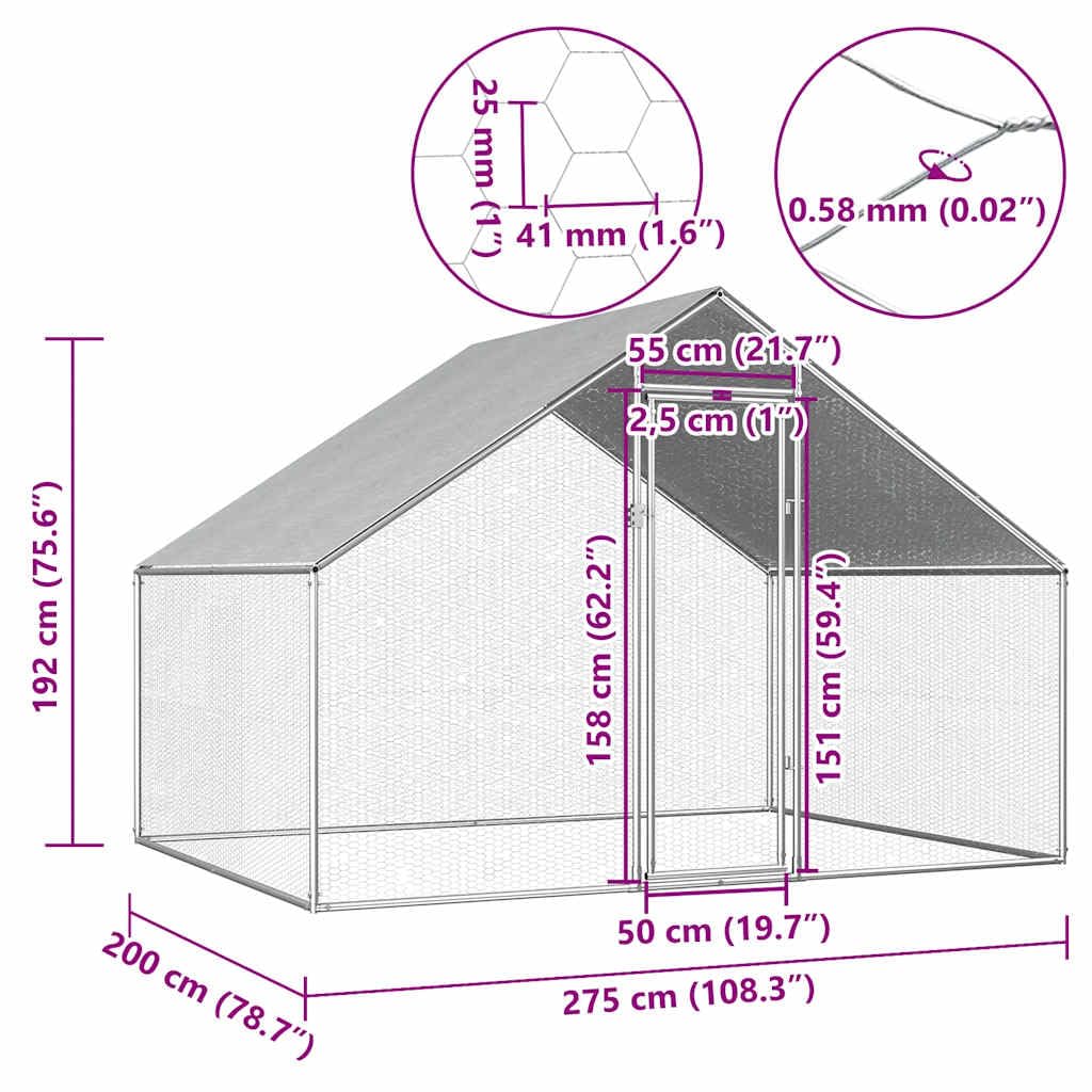 vidaXL Jaula Gallinero de Exterior de Acero Galvanizado 2.75x2x1.92m Aves Corral Habitáculos Animales Pequeños Sistema Cierre con Cerradura Paredes Malla
