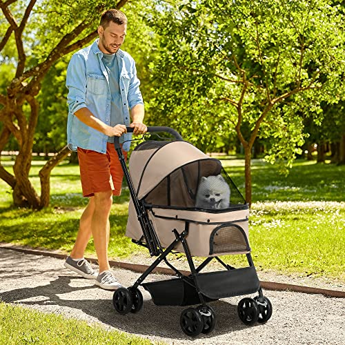 PawHut Hundebuggy Hundewagen Buggy für kleine Hunde und Katzen Haustierwagen Pet Stroller Katzenbuggy Oxford Braun 76,5 x 52 x 95 cm