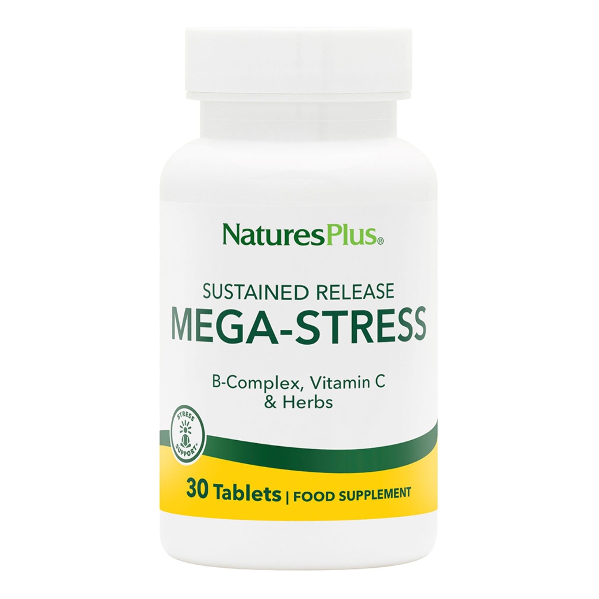 NaturesPlus Mega Stress - B Complex Supplement with Vitamin C, Magnesium, Biotin, Zinc - Energy and Stress Support - Vegetarian, Gluten Free - 30 Tablets