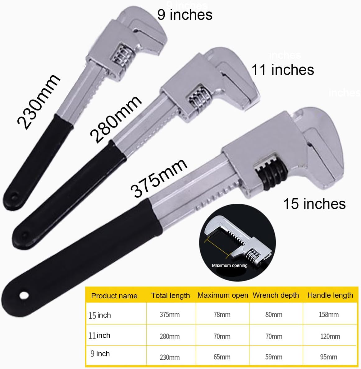 F Type Adjustable Wrench, Right Angle Adjustable Wrench 9 inches, 11 inches, 15 inches for Auto Repair Pipes (15 inch)
