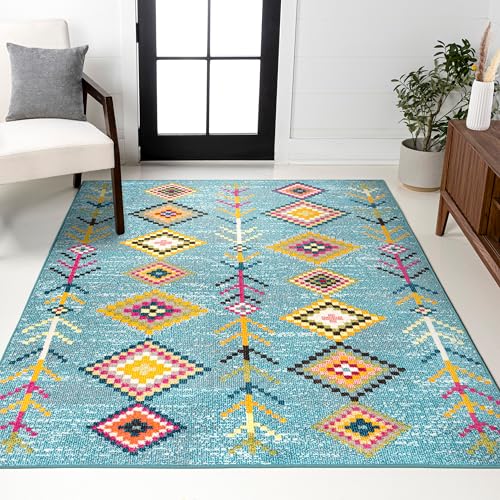 JONATHAN Y Tribal Love - Alfombra geométrica para Dormitorio y Sala de Estar, Bohemia, Casual, Azul Claro/Multi 3 x 5