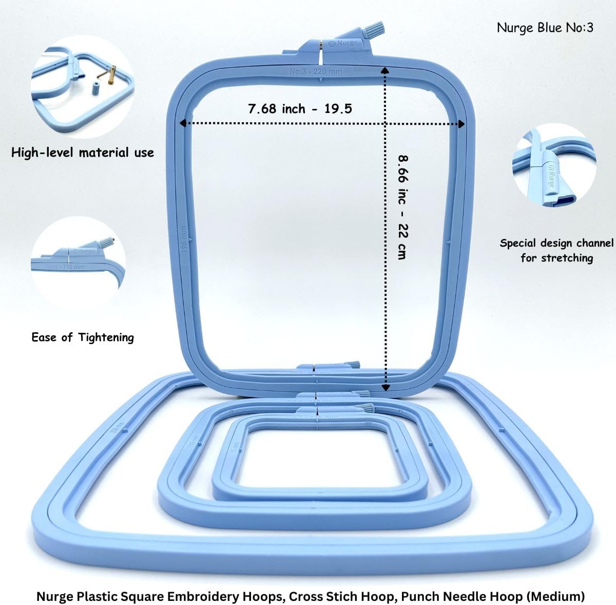 Nurge Square Embroidery Hoop - Plastic Cross Stitch Frame for Needlepoint & Embroidery - Adjustable Craft Hoop - Blue - Set of 4