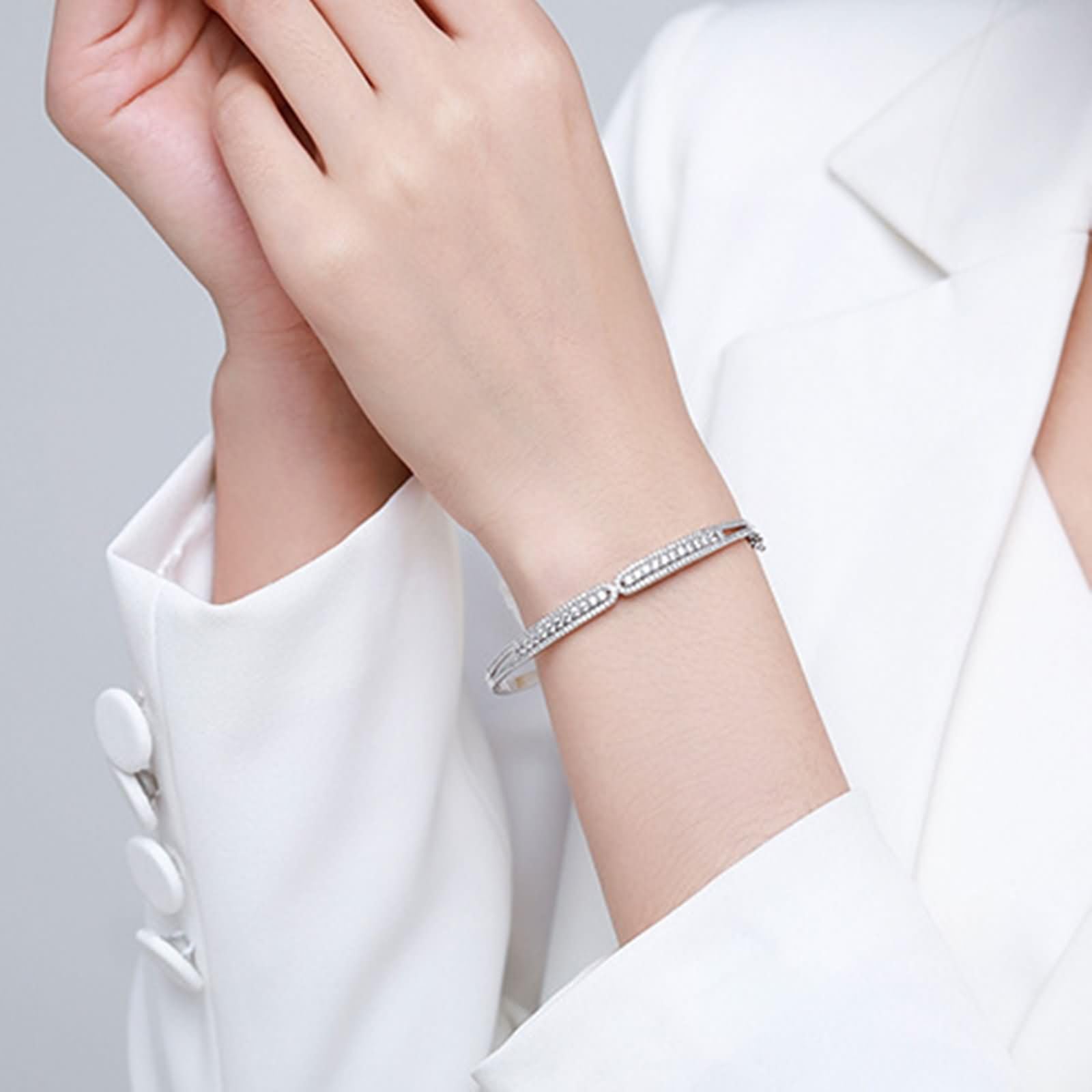 Bracciali Oro Bianco 9 Carati / 14 Carati / 18 Carati per Donna, Rotondo con Moissanite, Lunghezza 16 CM, Braccialetto Argento Donna