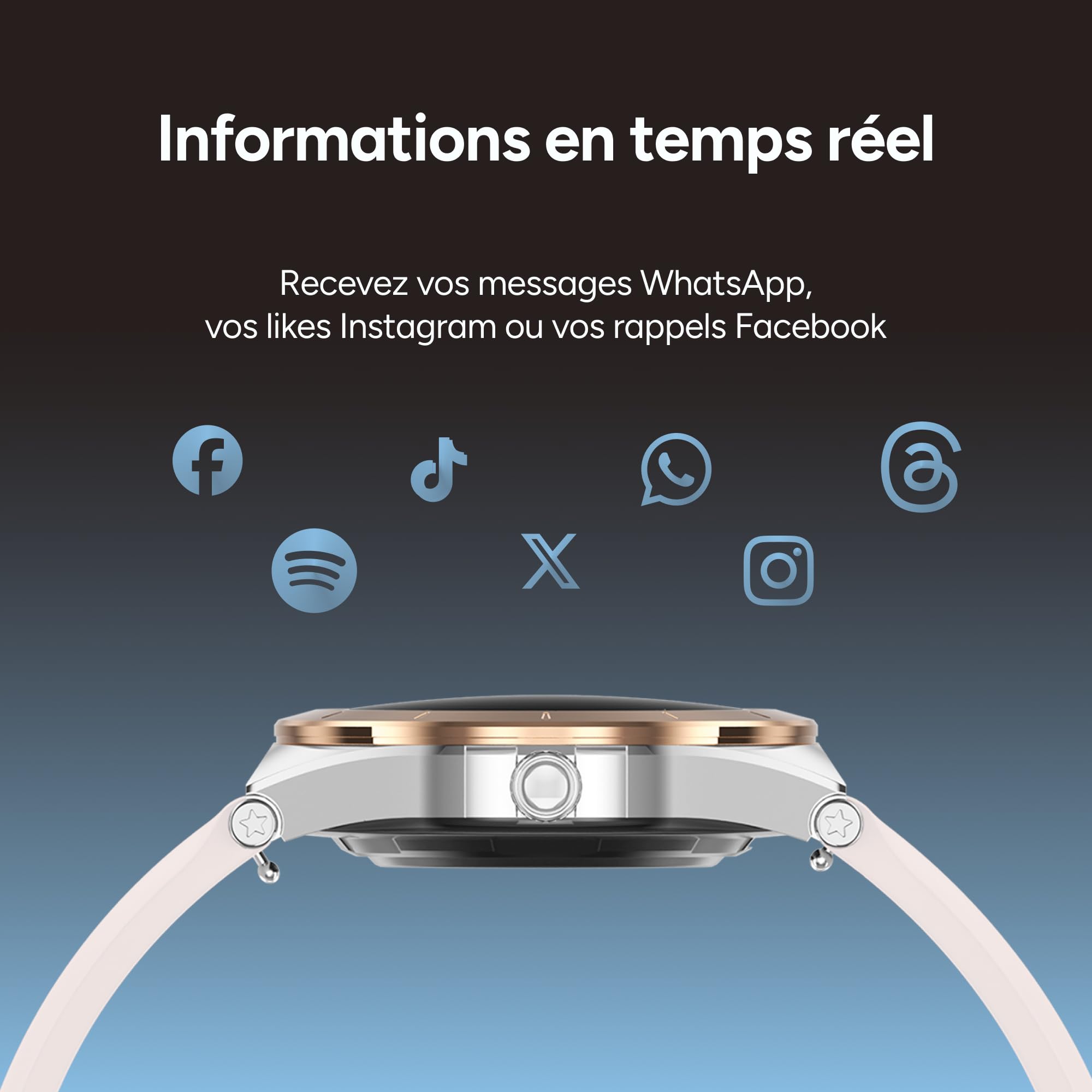 KSIX Montre connectée LYA Go pour Femme, écran AMOLED 1,19", autonomie de 5 Jours, Modes Sport et santé, Notifications, appels, Assistant Vocal, 2 Bracelets en métal et Silicone (Argent et Beige).