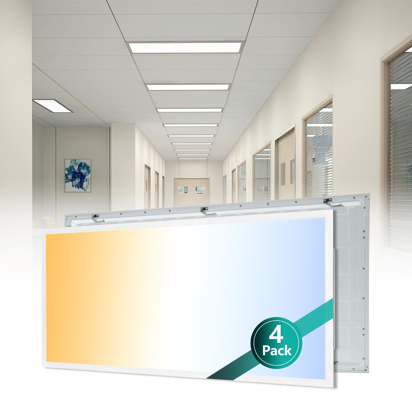 VocgoUU 2x4 LED Flat Panel Light for Drop Ceiling, 6600LM, 0-10V Dimmable, 40W/50W/60W Selectable, 4CCT 3000K/4000K/5000K/6000K, ETL Listed, 100-277V, 4 Pack