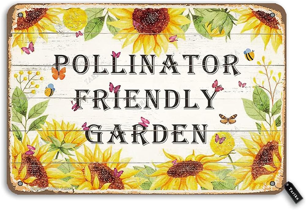 BNVXR Vintage Tin Sign Pollination Friendly Garden Bee Butterfly Sunflower 7.8X11.8 Inches Metal Decoration Crafts Sign for Home Kitchen Farmhouse Garden Funny Wall Decor