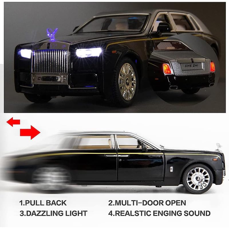Image of PINQUE Kids New Car 1:24 Phantom Diecast Alloy Metal Pull Back Car with Openable Doors Music Sound and Light Vehicle Toy Car for Boys (Silver)