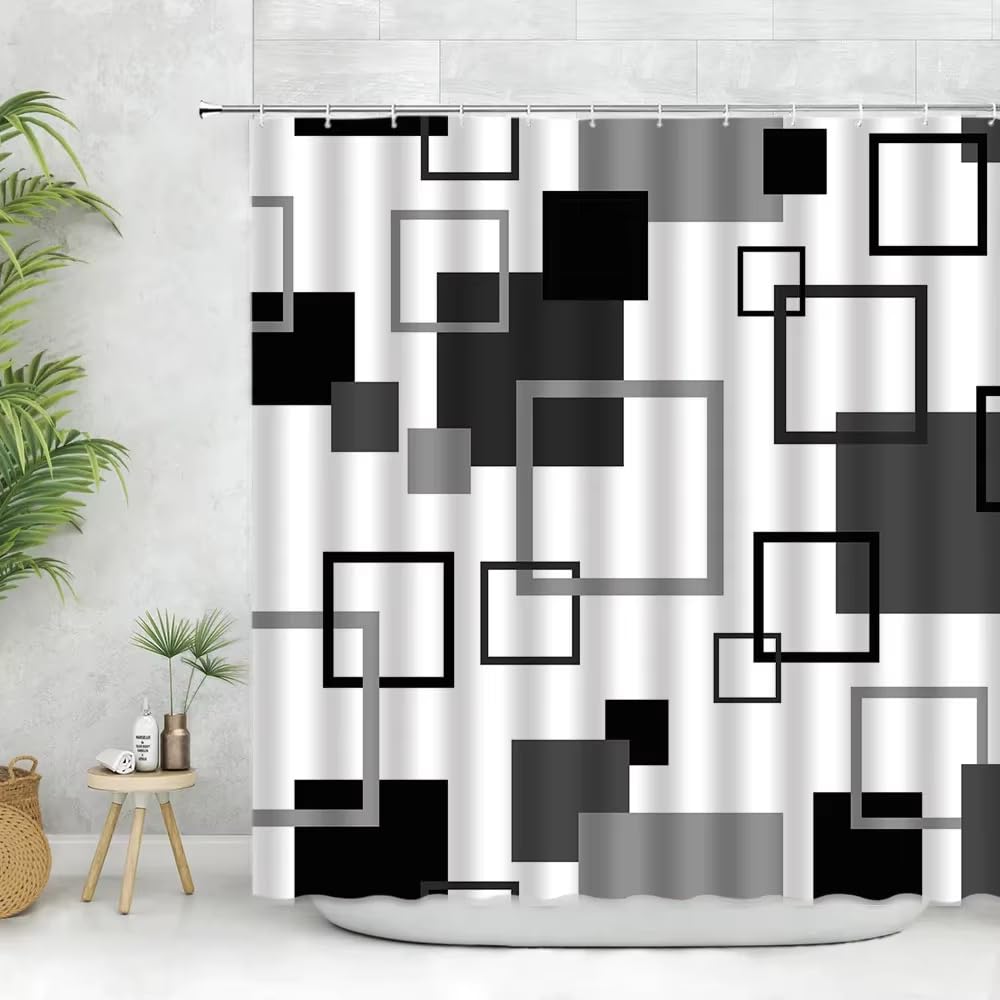 Rideau de douche géométrique en textile texturé haut de gamme avec crochets de fixation