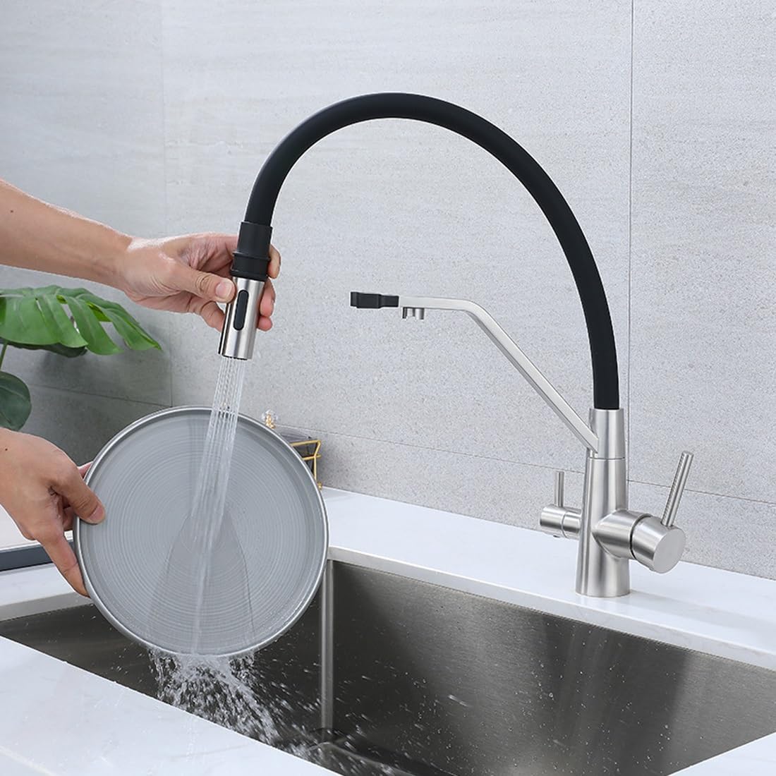 Robinet de cuisine avec bec flexible, mitigeur d'évier 3 en 1 et purificateur de filtre à eau, finition chromée