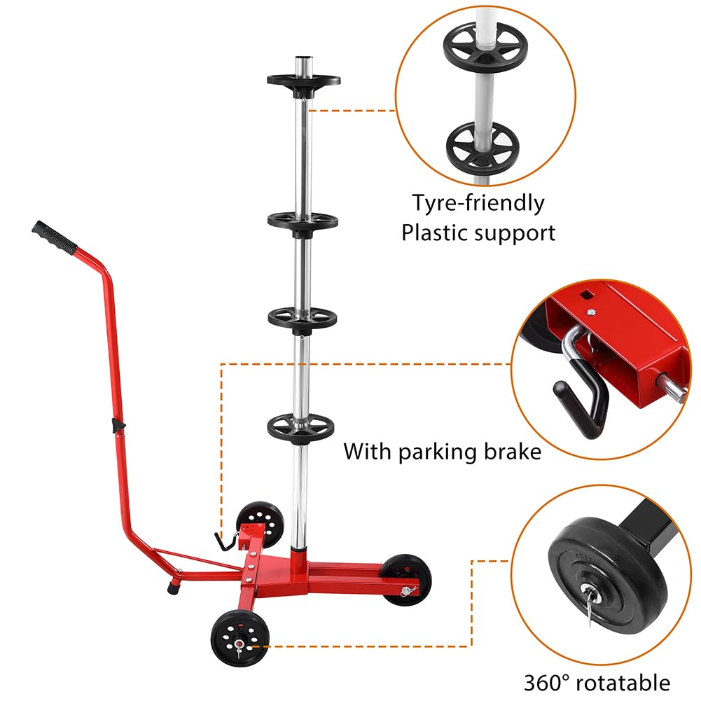 BAKAJI Arbre de tige de pneu en fer avec roues pivotantes pour jantes de voiture, camion, moto, étagère de pneu mobile gain de place pour pneus, atelier, mécanique